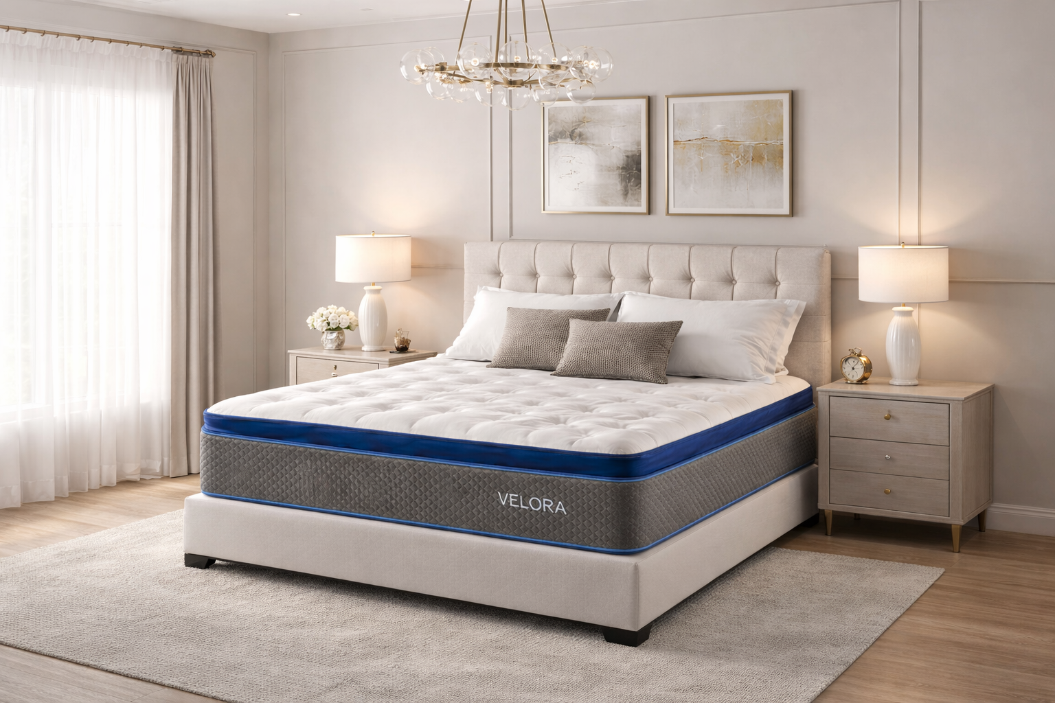 Velora mattress styled in modern luxury bedroom with upholstered headboard