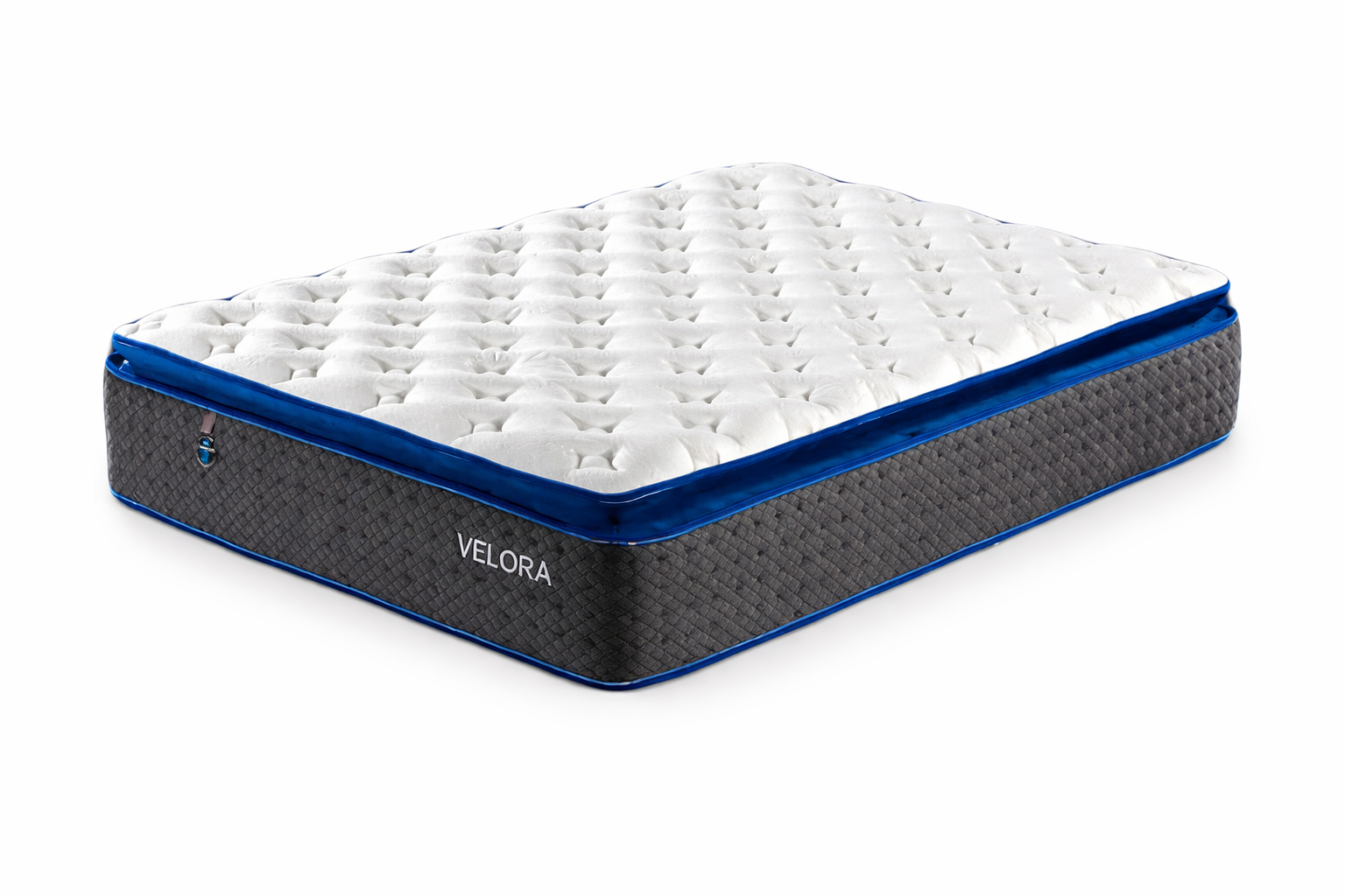 Velora queen mattress 3/4 angle view with pillow top and blue border