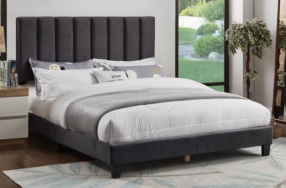 T2118 - Platform bed with Adjustable Headboard, Charcoal or Grey Velvet Fabric