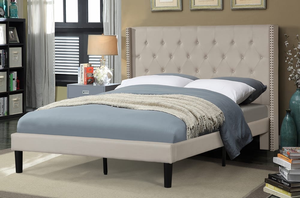 T2352 - Platform Bed with Headboard, Grey or Beige Linen