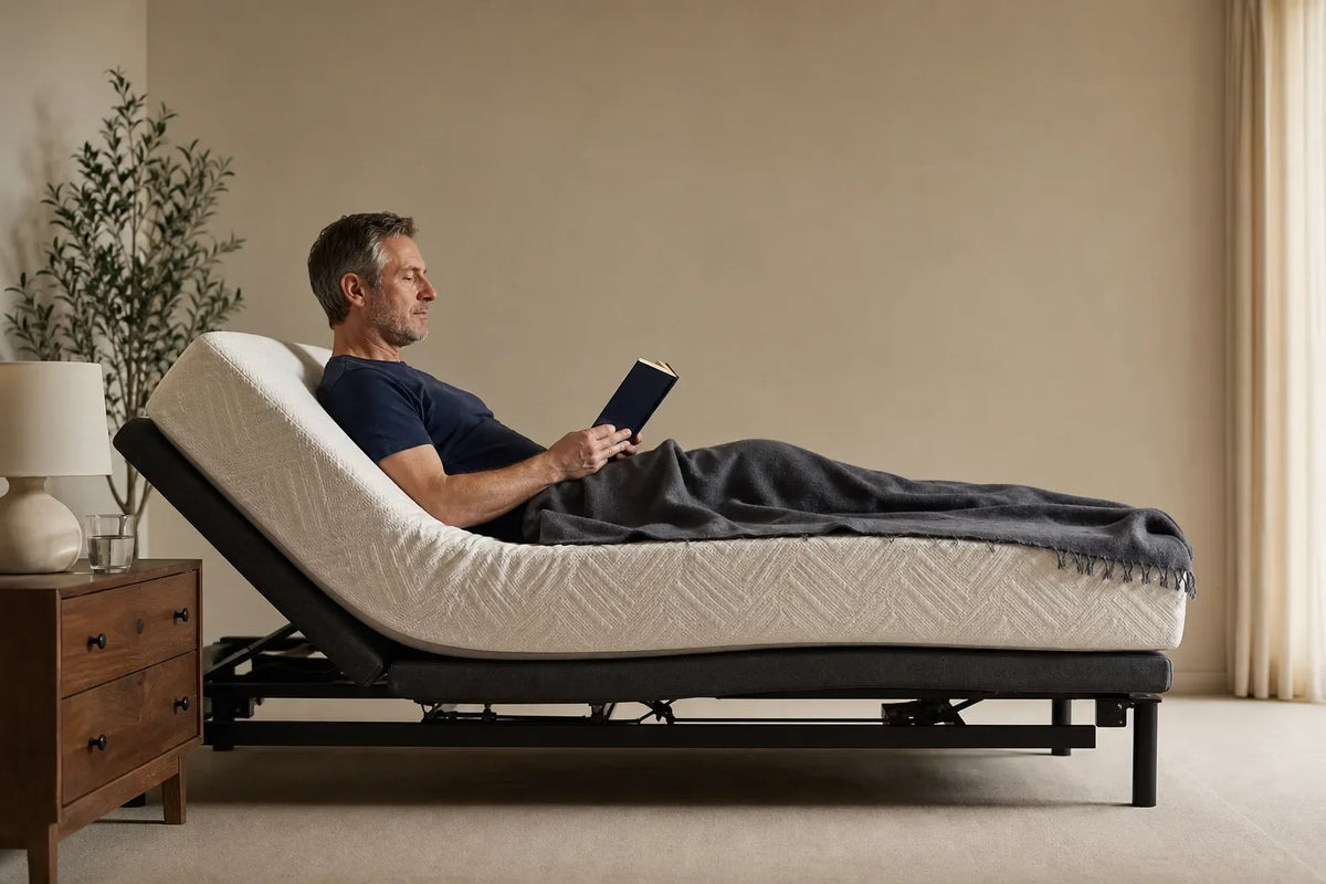 Man reading on adjustable bed base with head raised in a neutral room beside a wooden nightstand and lamp