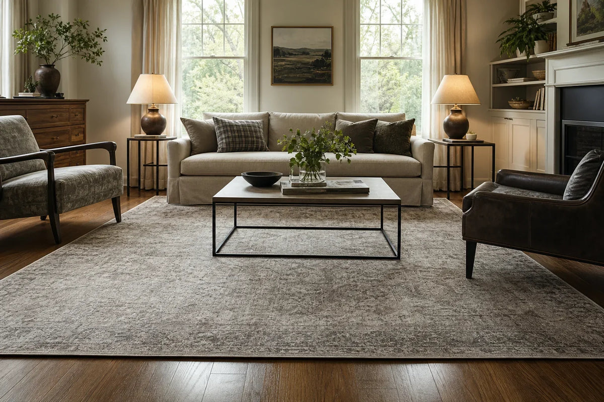 Large area rug extending under a sofa and dining table in a living room with wooden floor and natural light