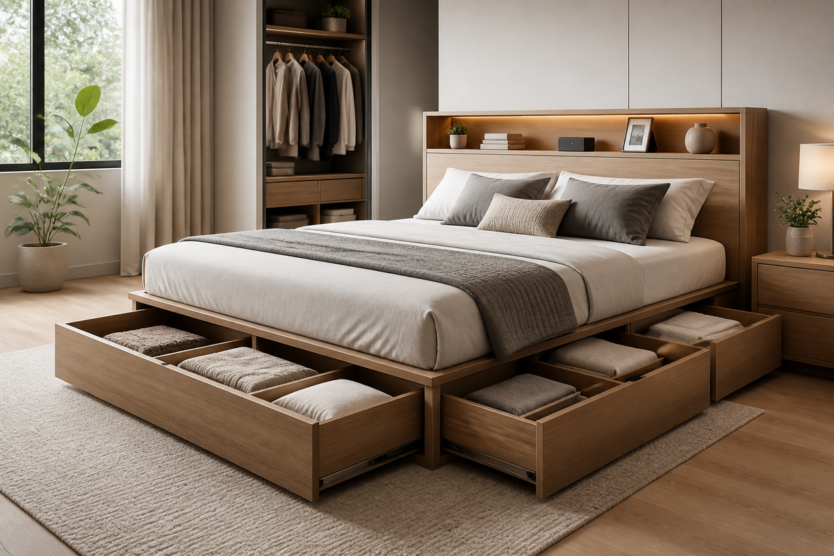 Wooden bed frame with four open storage drawers and neutral bedding, photographed from a side angle in a bright bedroom