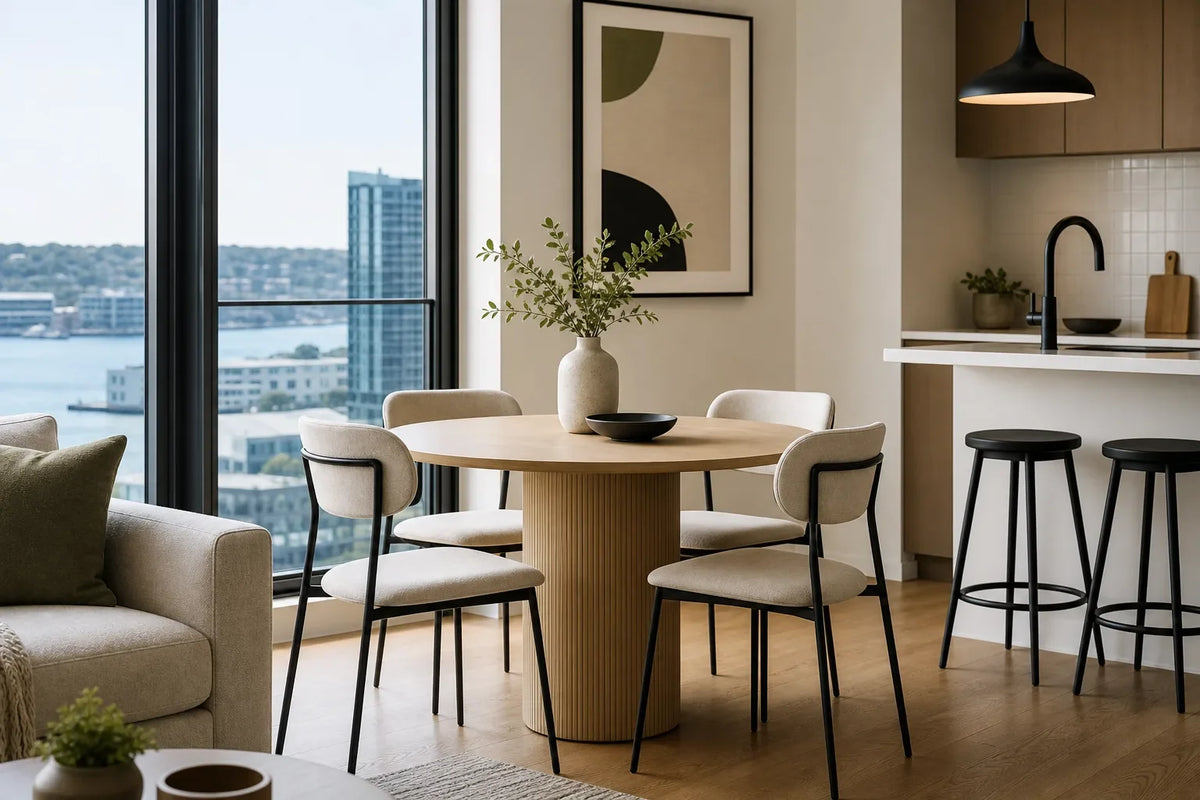 Round wood dining table with four cream upholstered chairs near large windows and kitchen island