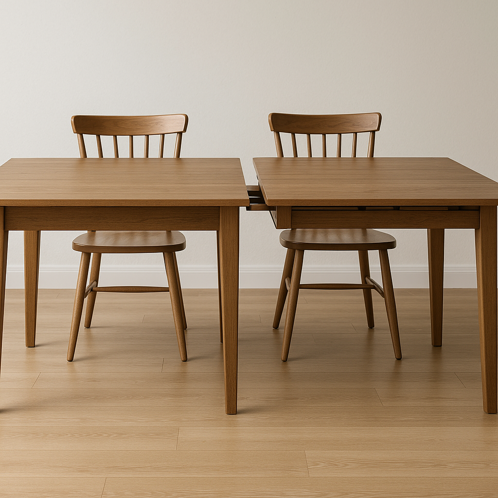 Wooden extendable dining table partially opened with two matching wooden chairs on light hardwood floor
