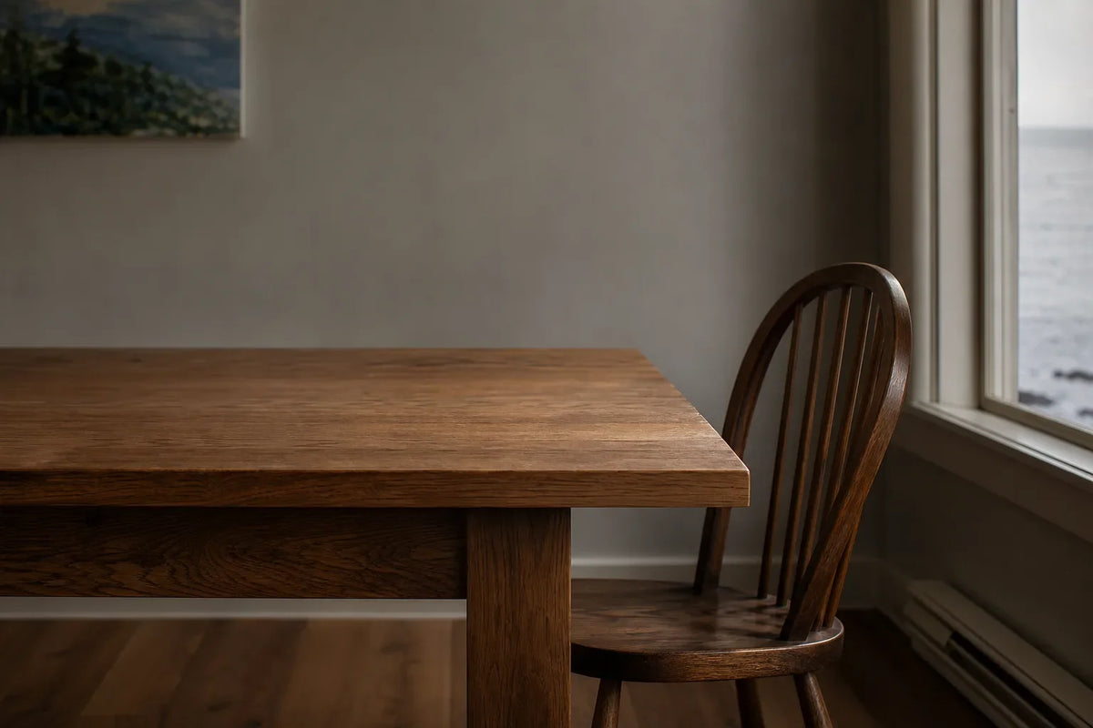 Close-up of a solid wood tabletop showing natural grain and slight texture variations from humidity changes