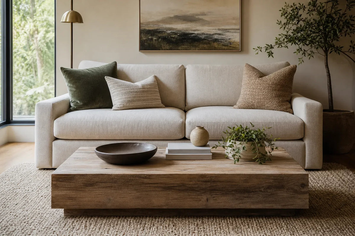 Light beige sofa with three pillows and a low wooden coffee table topped with decorative bowl, books, and plants