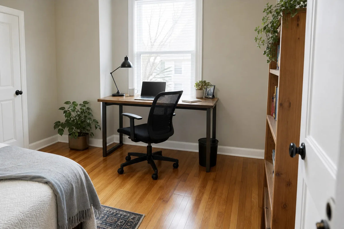 Wooden desk with black metal legs by window in a small spare bedroom with desk chair, lamp, plant, and bookshelf