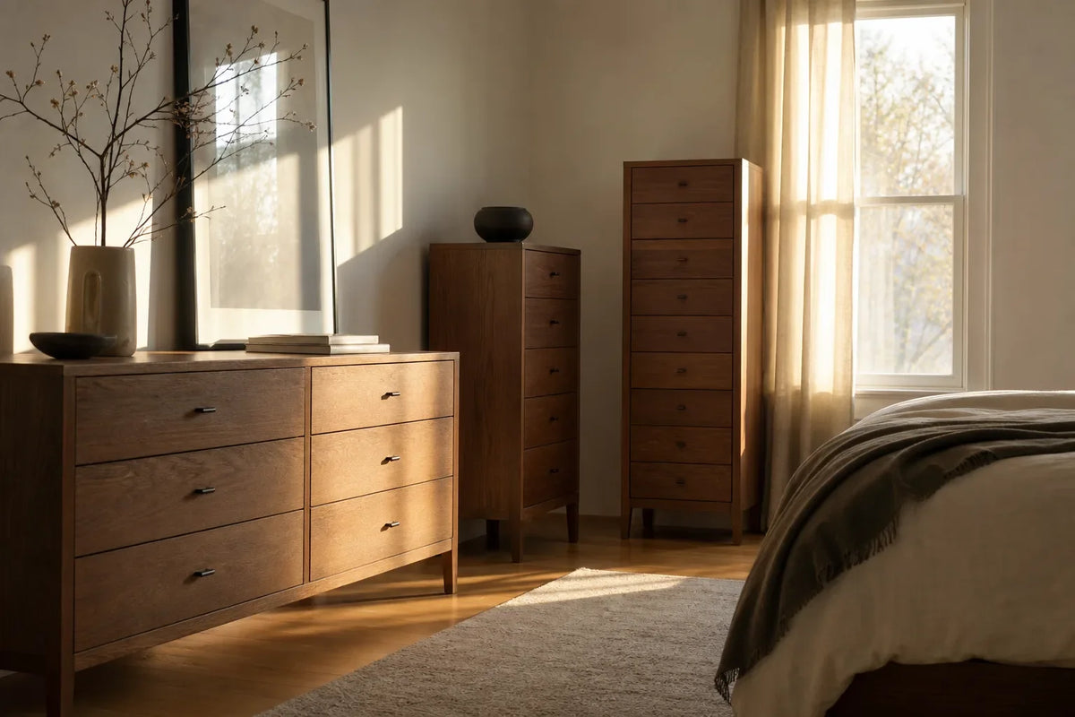 Wide low dresser with multiple drawers next to a tall narrow chest of drawers in a bright bedroom
