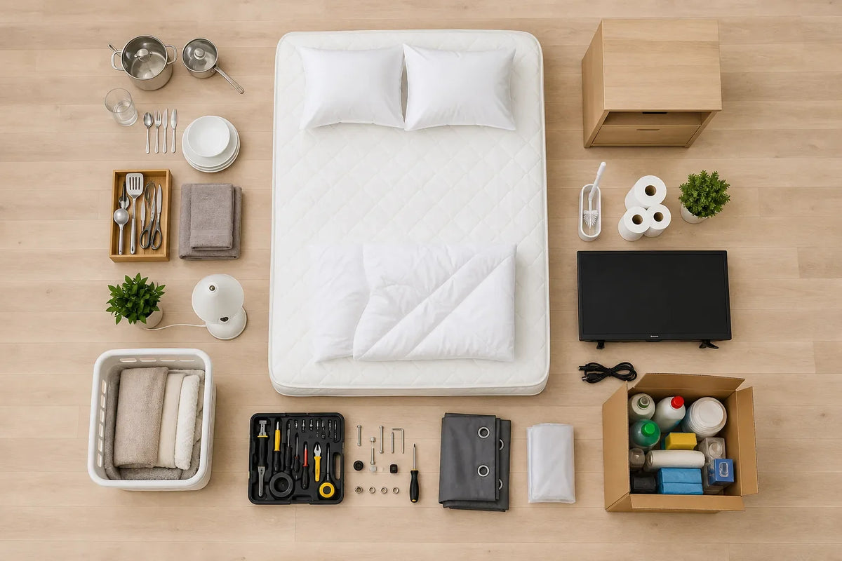Overhead view of mattress with pillows, bedding, kitchen items, towels, tools, TV, nightstand