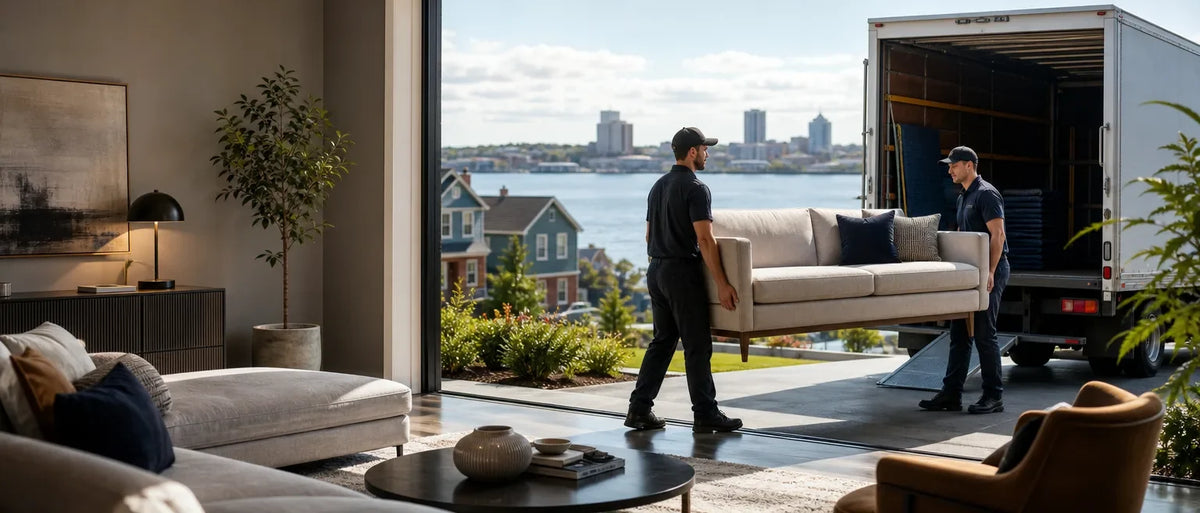 Two movers carrying a beige sofa out of a delivery truck into a living room with a waterfront view