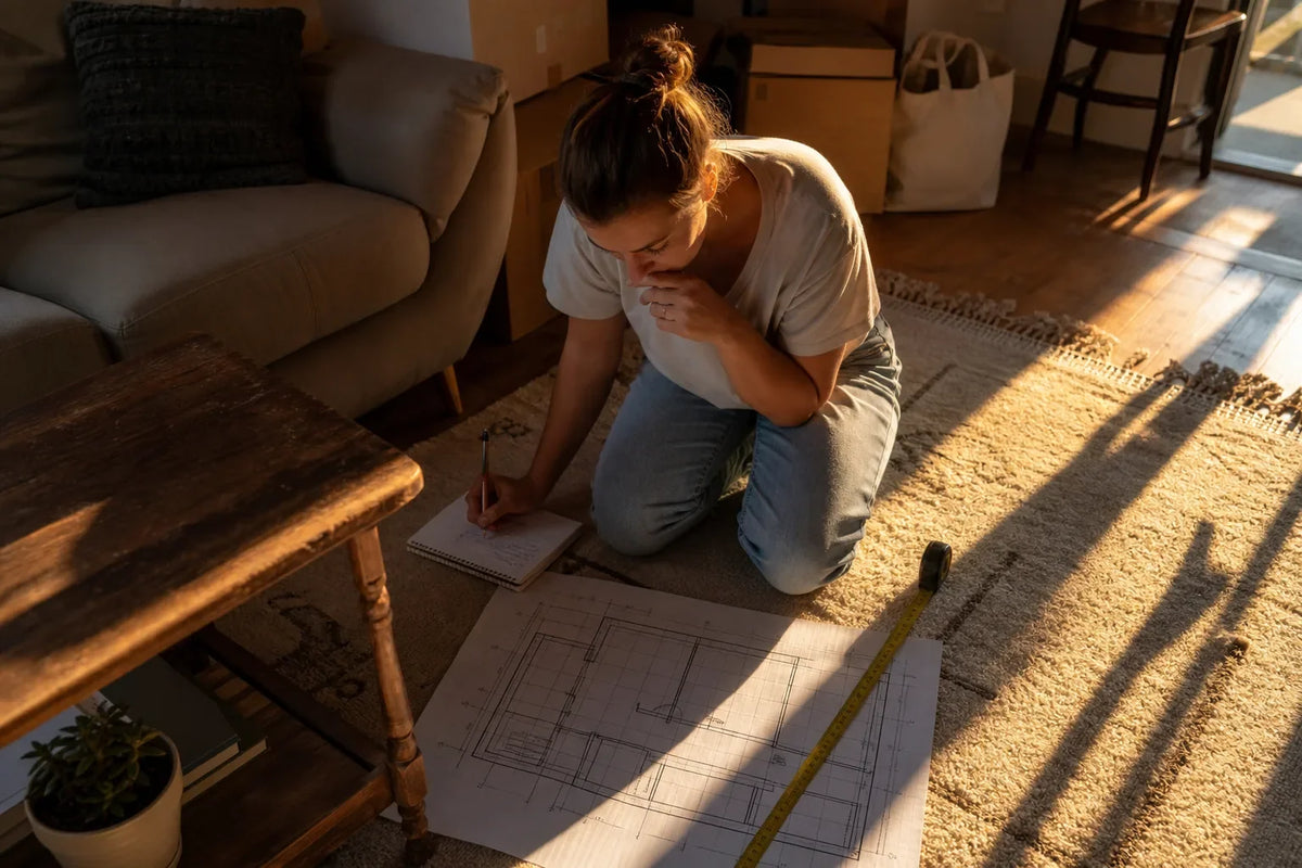 Person kneeling on rug writing in notebook next to floor plan and tape measure in sunlit living room