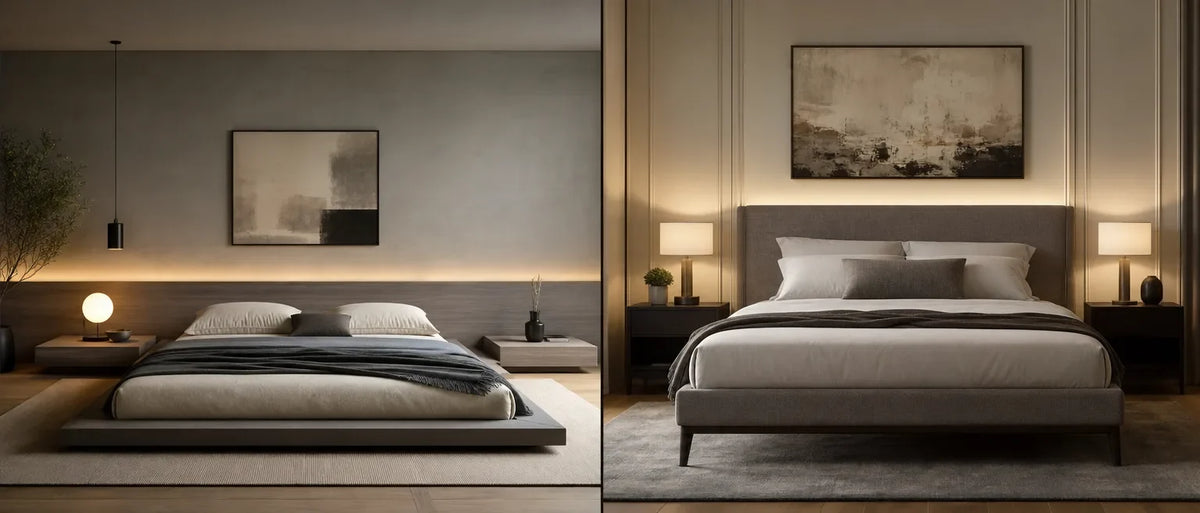 Low-profile bed with floating nightstands and standard height bed with upholstered headboard in softly lit rooms