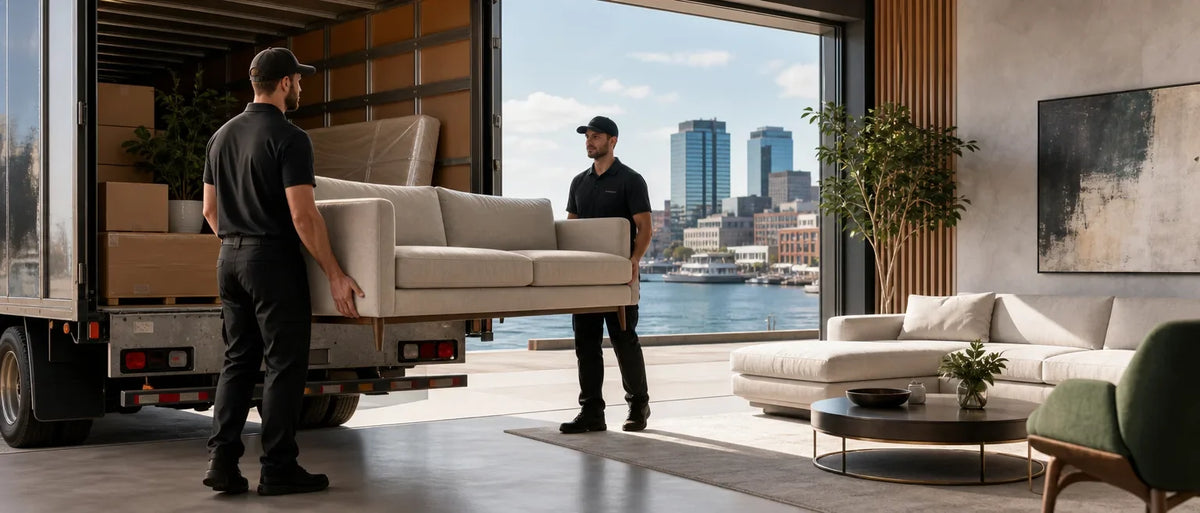Two delivery men carrying beige sofa from moving truck into living room with large window showing waterfront cityscape