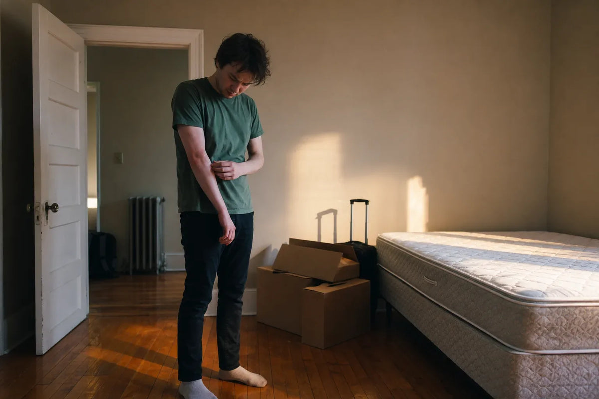 Man in green shirt examining bite marks on forearm in empty bedroom with mattress and unpacked boxes
