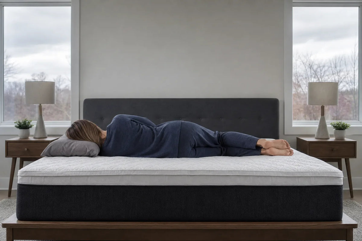 Person lying on side on a mattress with light grey top and dark base in bedroom with two wooden nightstands and lamps