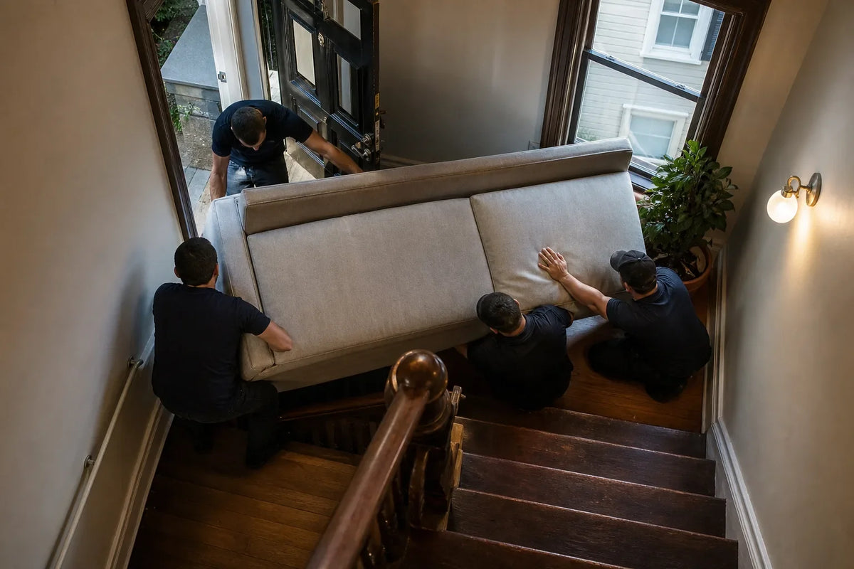 Three movers carrying a beige sofa up a wooden staircase near an open black door and a window with a plant