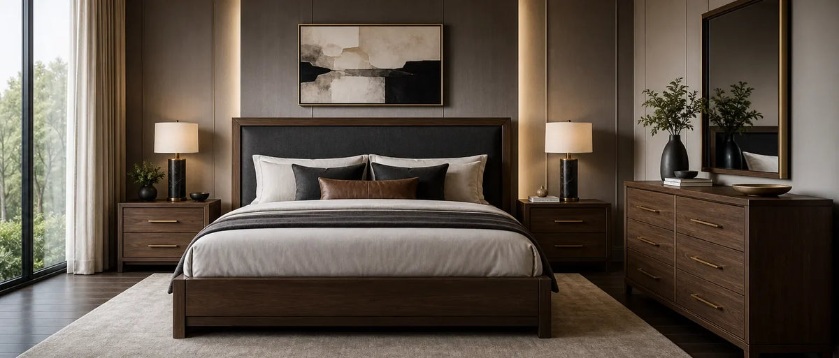 Walnut bed with black upholstered headboard, two nightstands with lamps, and six-drawer dresser with mirror in a bedroom