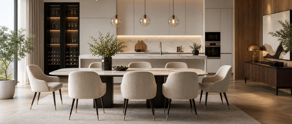 Beaumont dining set with cream fabric chairs around a marble table seen from the kitchen side with pendant lights above