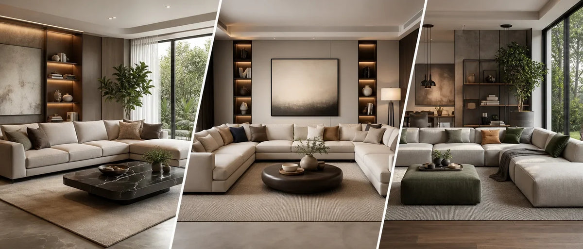 Three beige sectional sofas in L-shape, U-shape, and modular styles in living rooms with plants and large windows