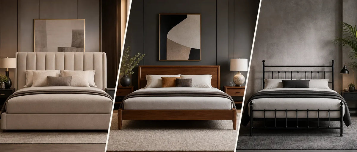 Three beds side-by-side showing beige upholstered frame, medium wood frame, and black metal frame against neutral walls