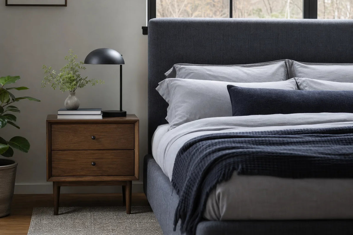 Wooden two-drawer nightstand beside a grey upholstered bed with layered grey bedding and a black lamp on top