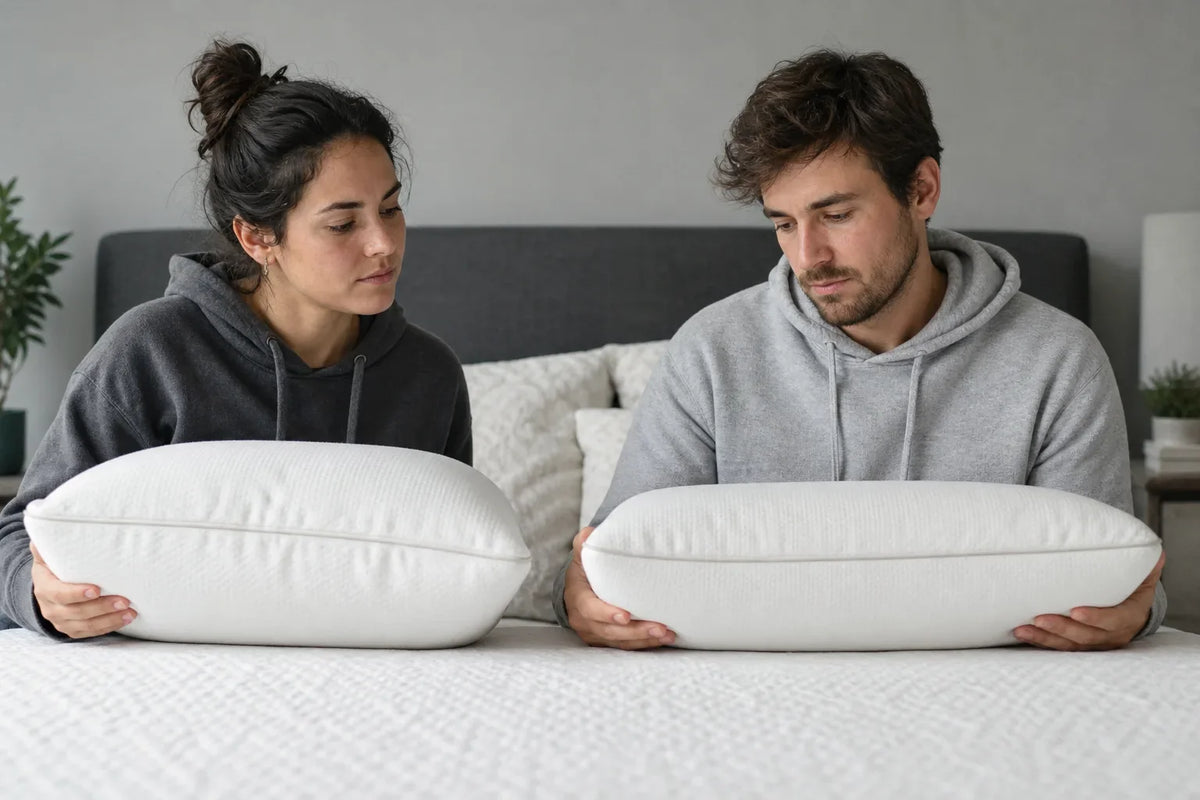 Two people seated on a bed holding white pillows, viewed from the side with a grey headboard and neutral wall behind