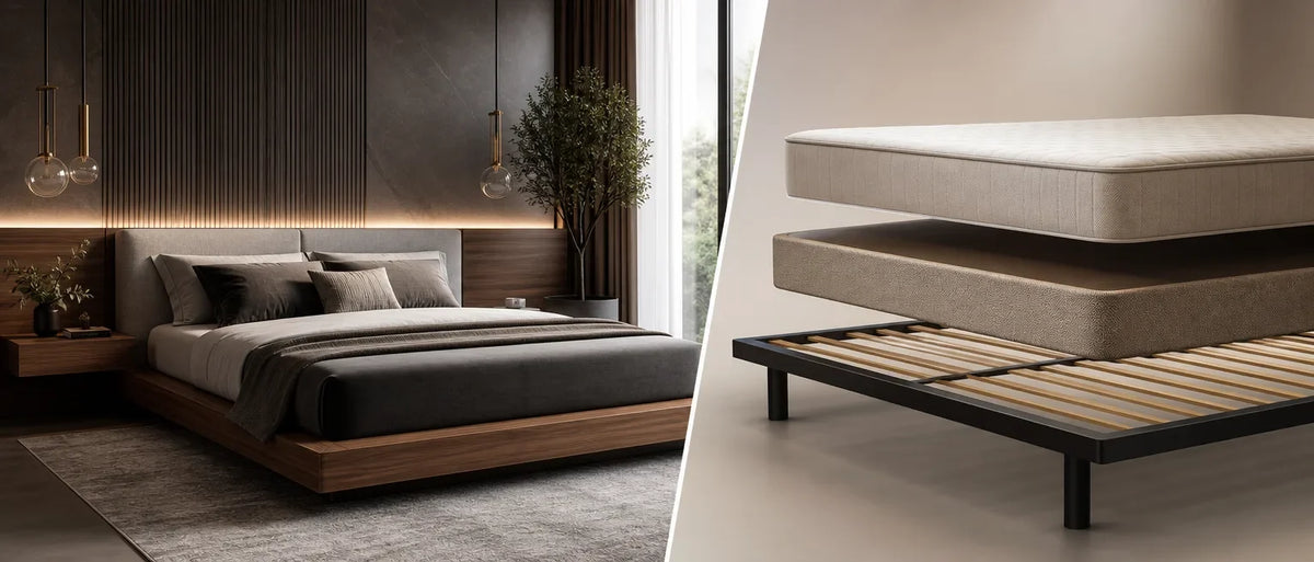 Split image of dark wood platform bed with grey bedding in bedroom and black metal slatted bed frame