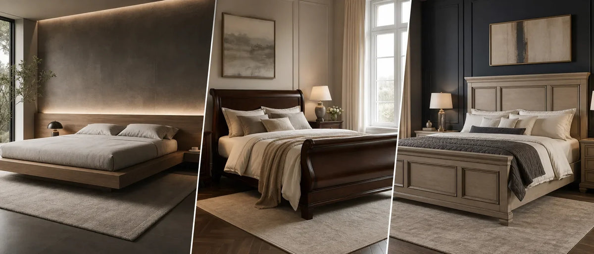 Platform bed with wood frame and grey bedding, sleigh bed with dark wood and cream bedding by window