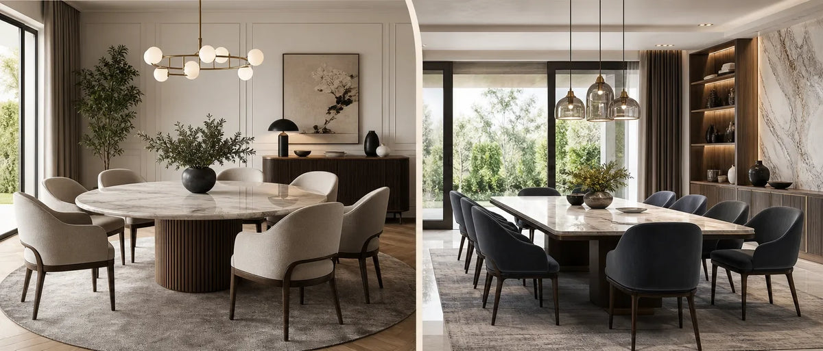 Side-by-side views of round and rectangular marble dining tables with chairs in well-lit rooms