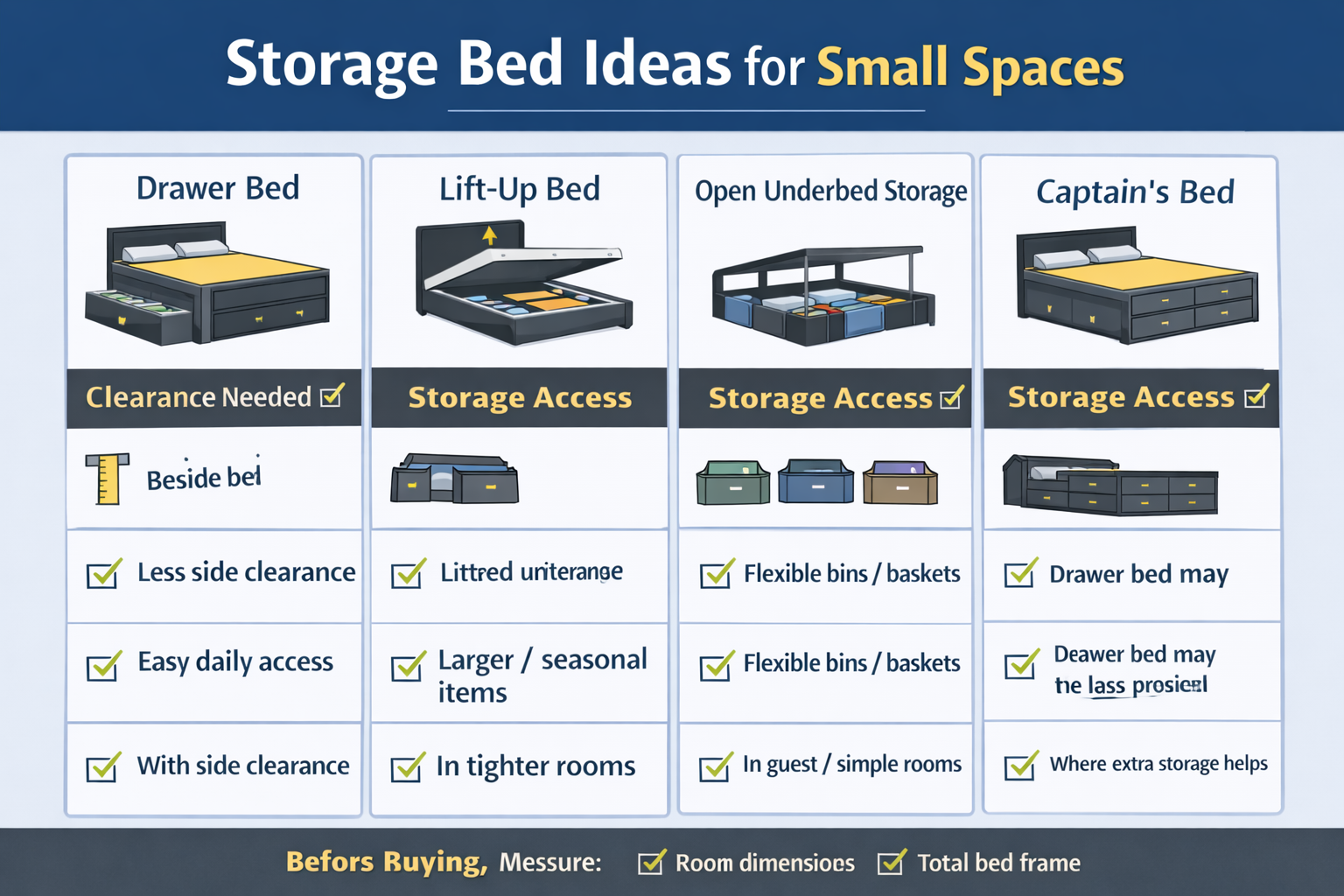Checklist showing what to measure before buying a storage bed for a small bedroom