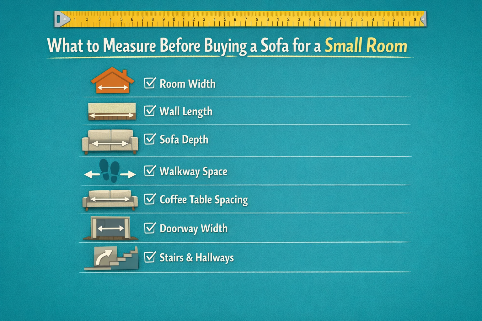 Checklist showing what to measure before buying a sofa for a small living room