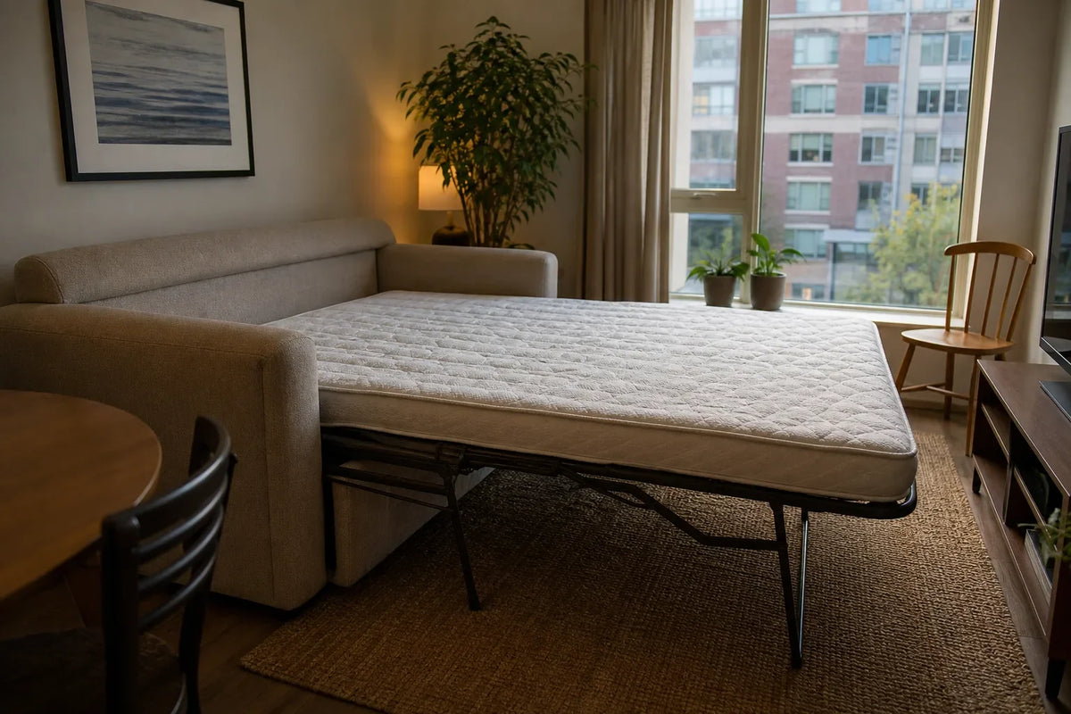 Beige fabric sofa bed unfolded with mattress in a living room near large windows and wooden chair