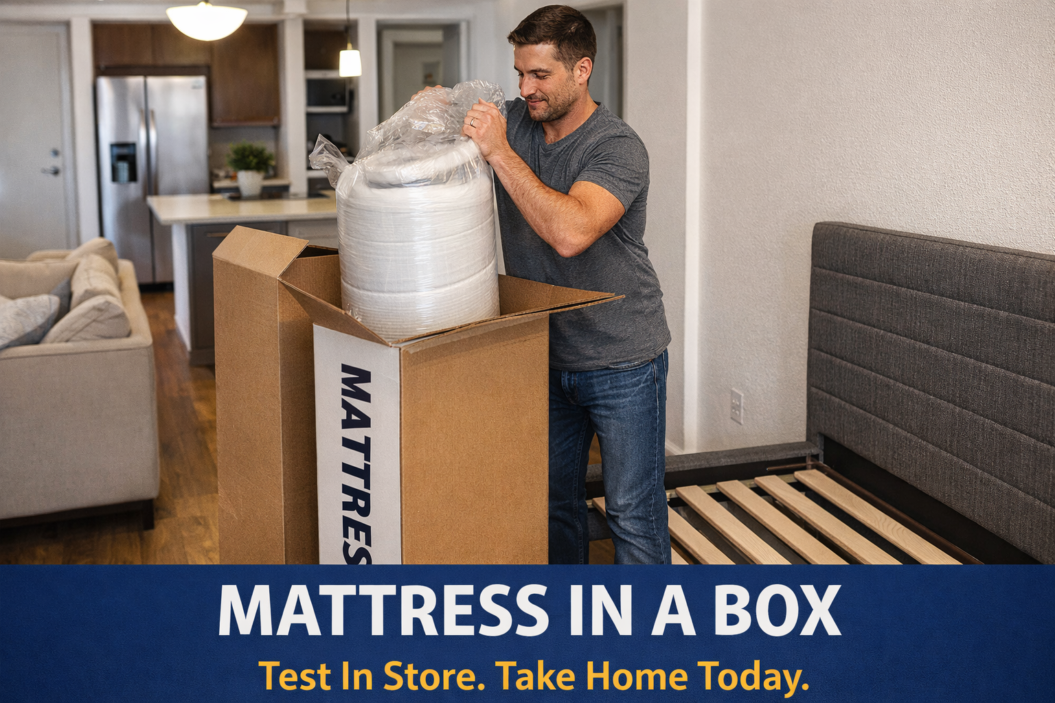 Mattress in a box Halifax - one person easily unboxing a rolled mattress at home, same day pickup at Furniture Spot