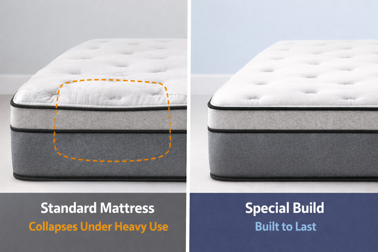 Mattress comparison showing standard collapse vs reinforced special build for heavy sleepers - Furniture Spot Halifax
