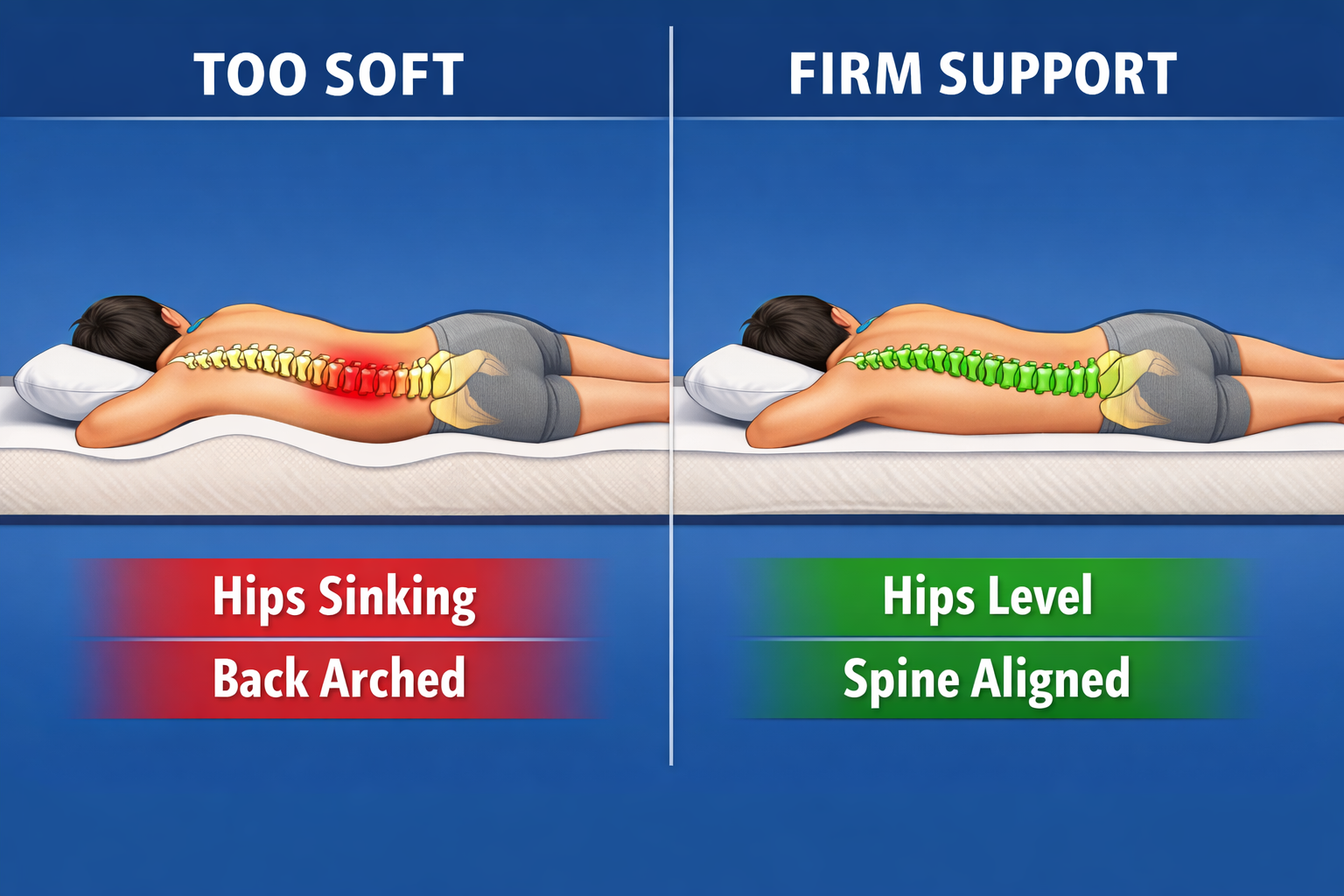 Stomach sleeper spine alignment diagram showing hips sinking on soft mattress vs hips level and spine aligned on firm support - Furniture Spot Halifax
