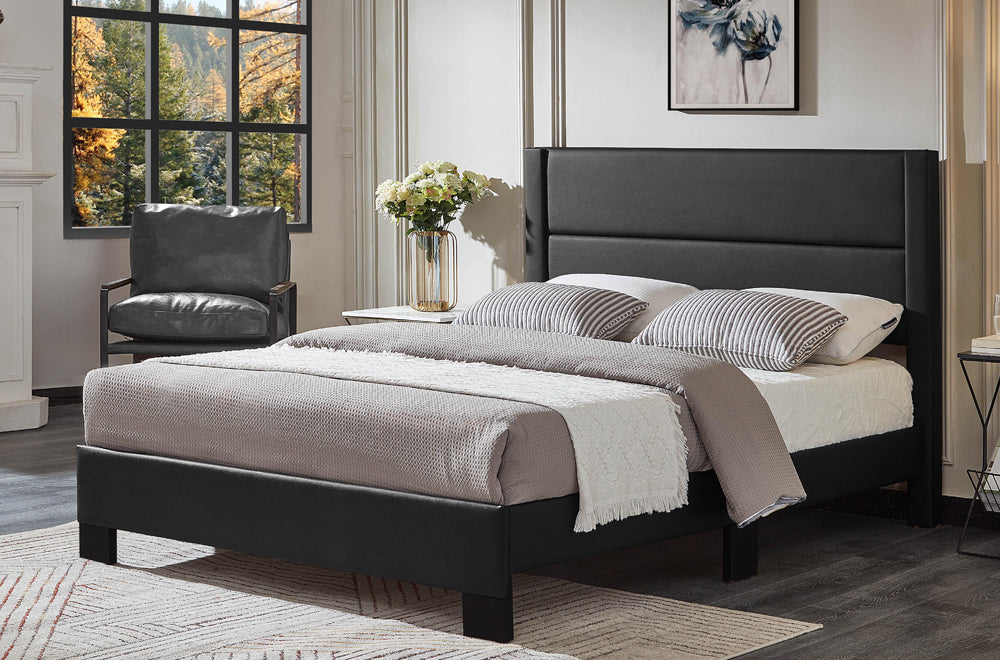 T2175 - Platform bed with Headboard, Black Bonded Leather