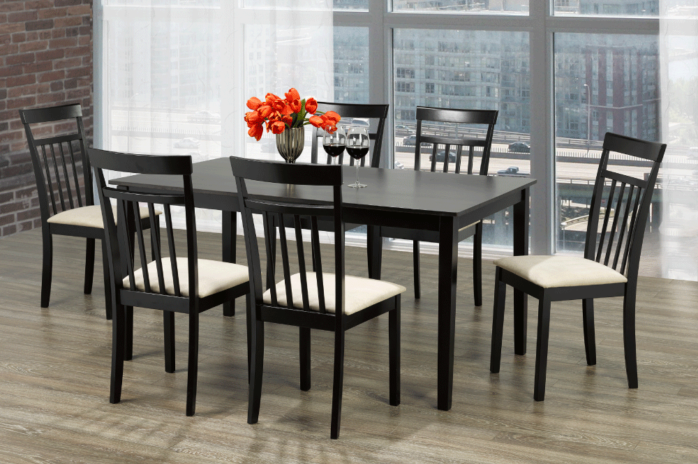 T3107 - 7pc Dining Set with Table & 6 Beige Chairs, 59″W,  Cappuccino