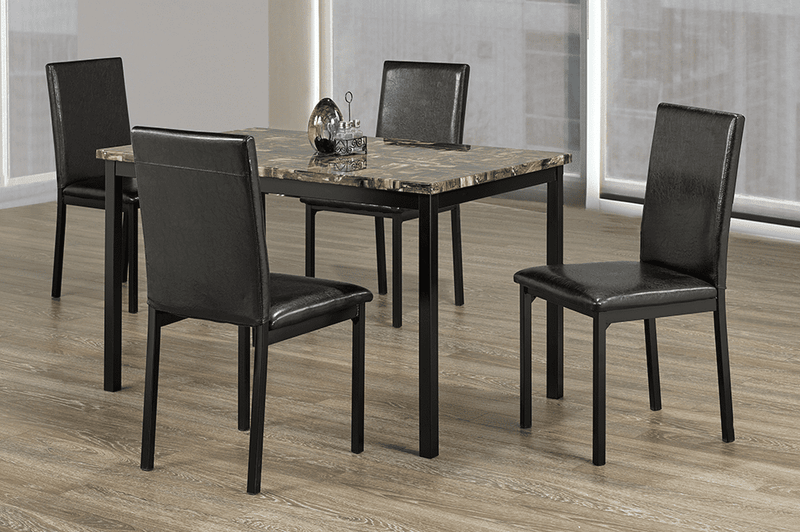 T3200 - 5pc Dining Set with Table & 4 Black Chairs, 48"W, Black Faux Marble Table Top