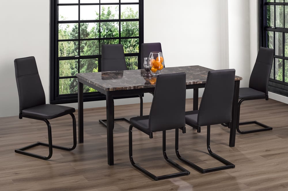 T3201/210 - 7pc Dining Set with Table & 6 Black or Grey Chairs, 60″W, Black