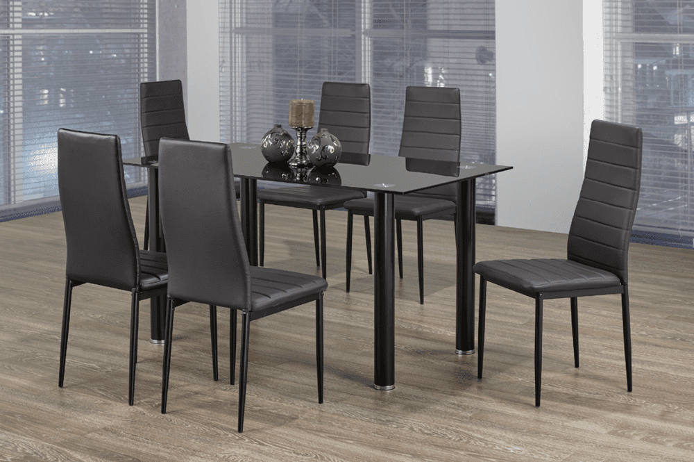 T3407 - 7pc Dining Set with Table & 6 Black Chairs, 56″W, Glass