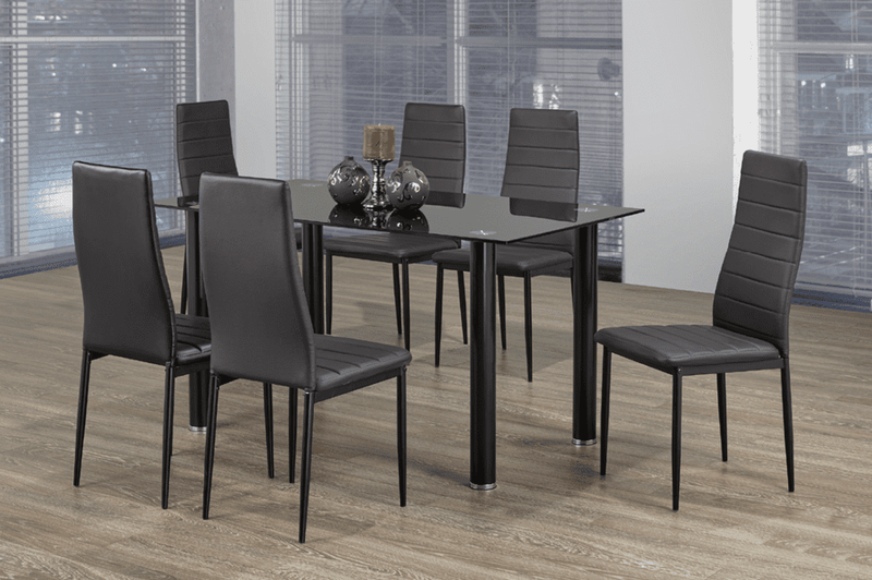 T3407 - 7pc Dining Set with Table & 6 Black Chairs, 56″W, Glass