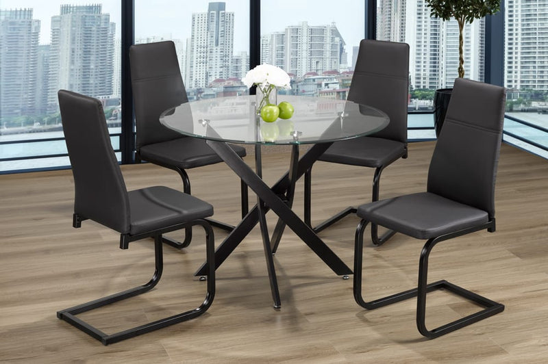 T3461/210 - 5pc Dining Set with Table & 4 Grey or Black Chairs, 39"W, Tempered Clear
