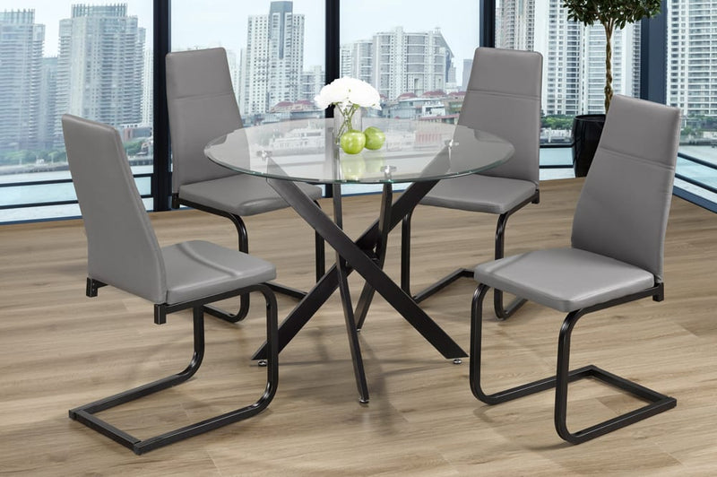 T3461/210 - 5pc Dining Set with Table & 4 Grey or Black Chairs, 39"W, Tempered Clear