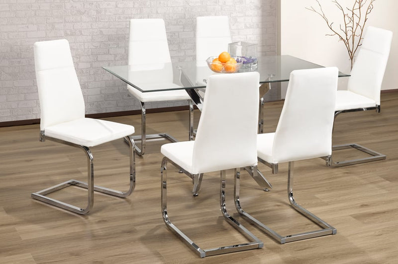 T3465/210 - 7pc Dining Set with Table & 6 Grey or White Chairs, 55″W, Glass