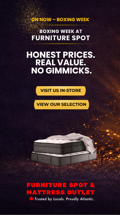Queen mattress displayed on a dark background with Furniture Spot branding and call-to-action buttons