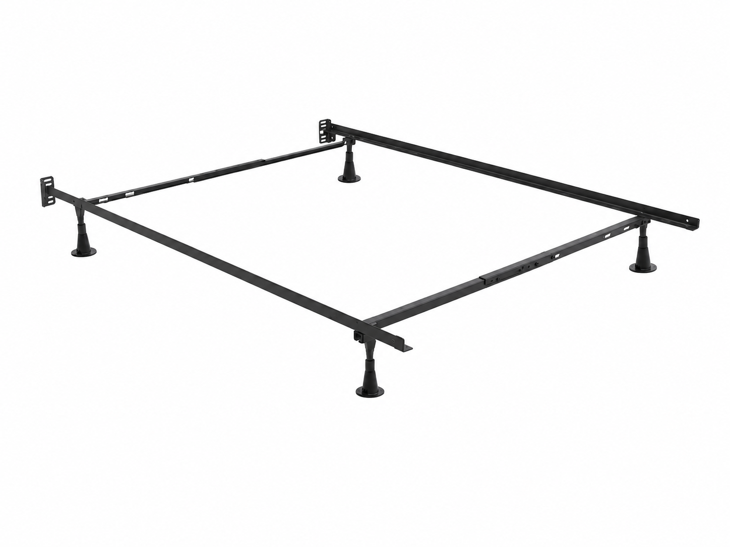 A black metal bed frame foundation with straight rails, support legs, and bracket details, shown in a clean product image.
