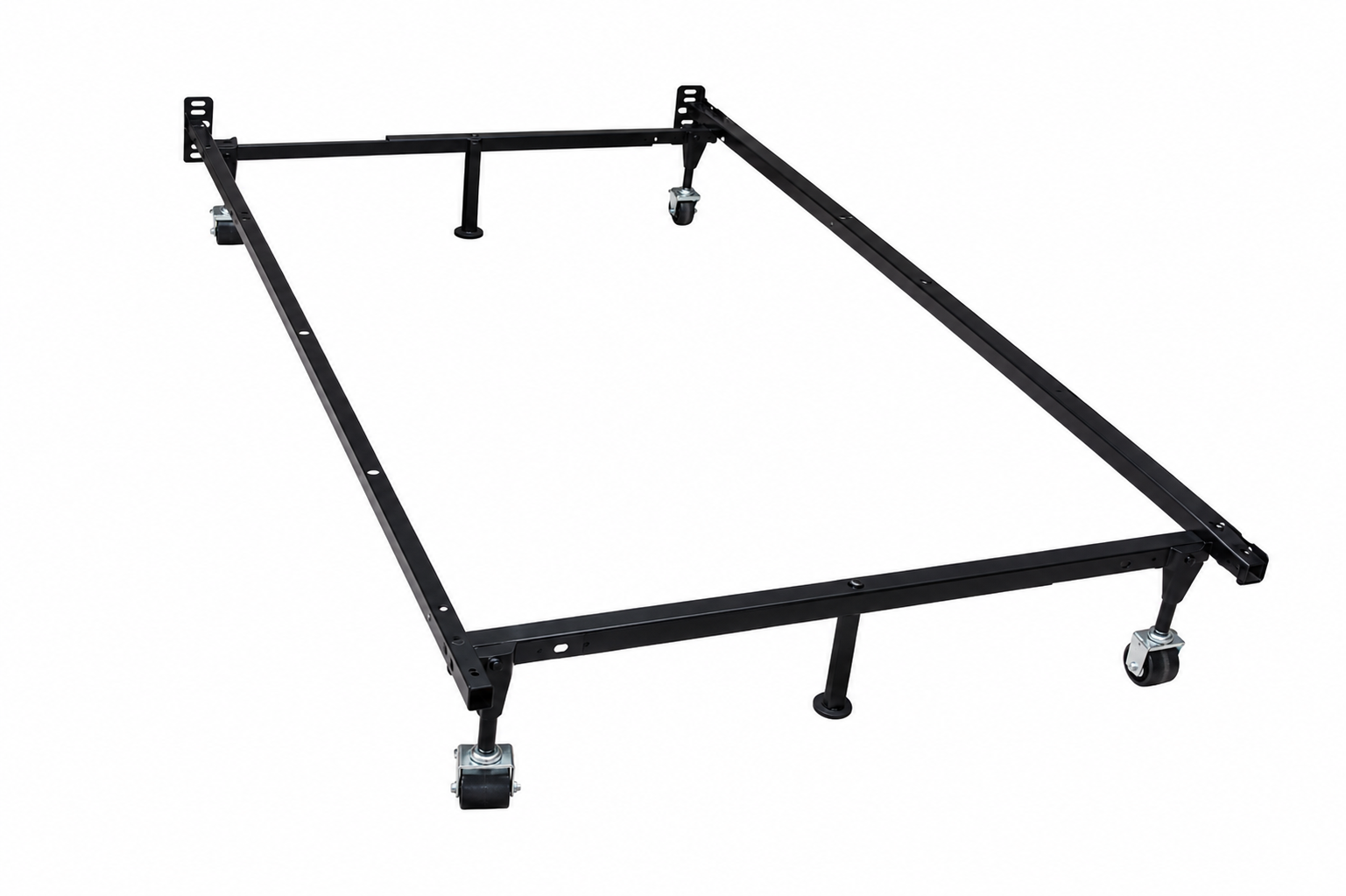 Black metal bed frame with caster wheels, support legs, and mounting brackets on a white background.
Image title: