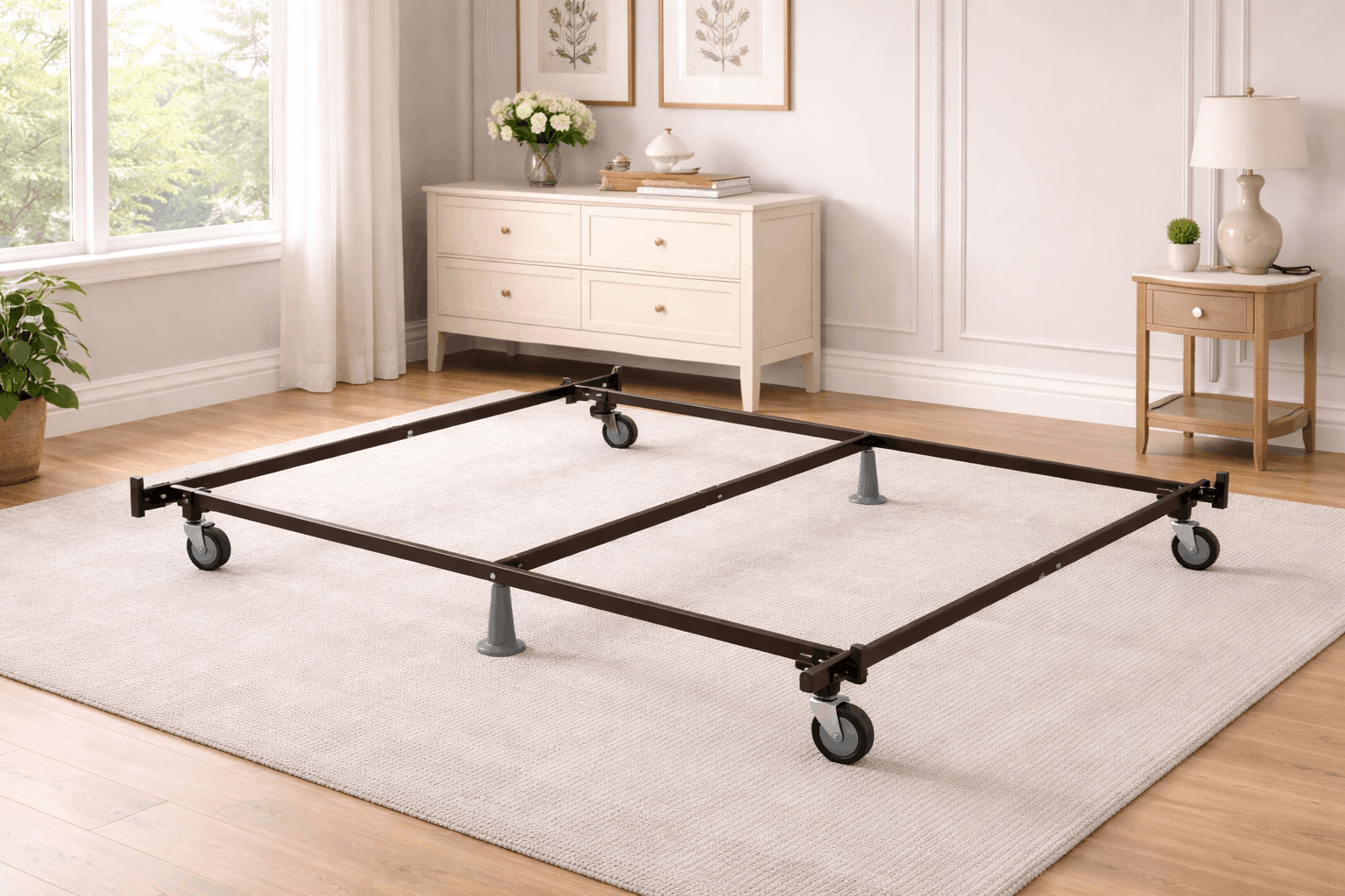 Black metal bed frame with caster wheels, center support legs, and straight rails in a bright bedroom setting.