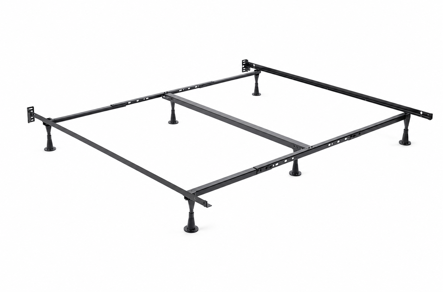 Black metal bed frame foundation with straight rails, support legs, mounting brackets, and adjustment holes on a white background.
